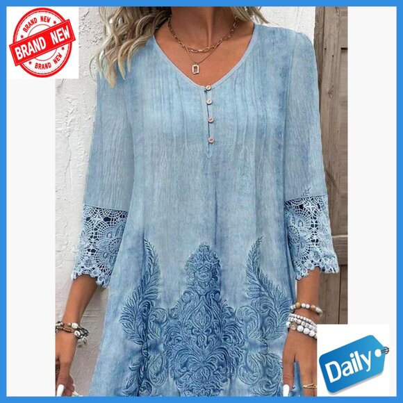 V-Neck 3/4 Sleeve A-Line Mini Dress Cotton Lace Embroidery Casual - Picture 3 of 5